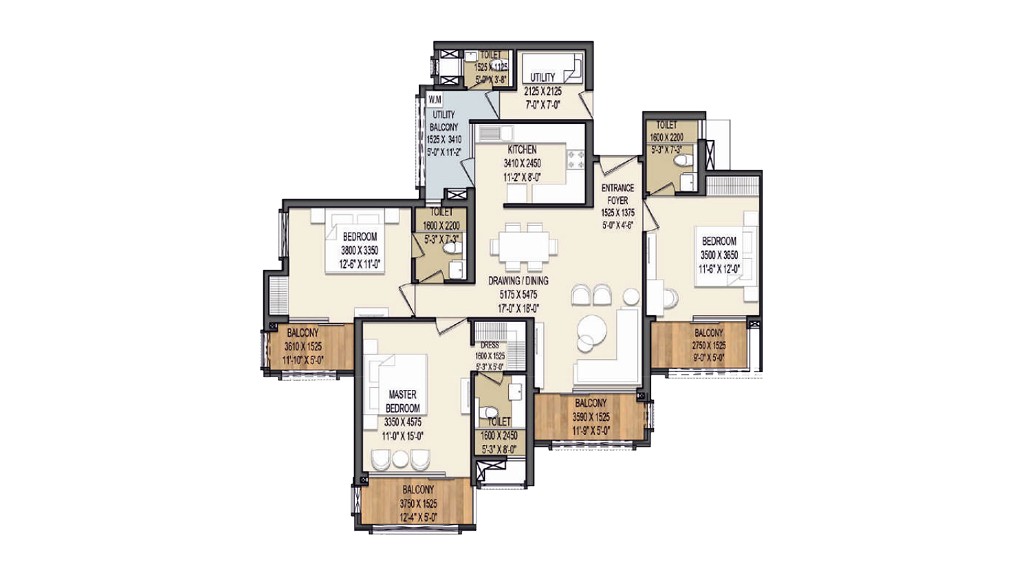3 BHK + study room apartment floor plan