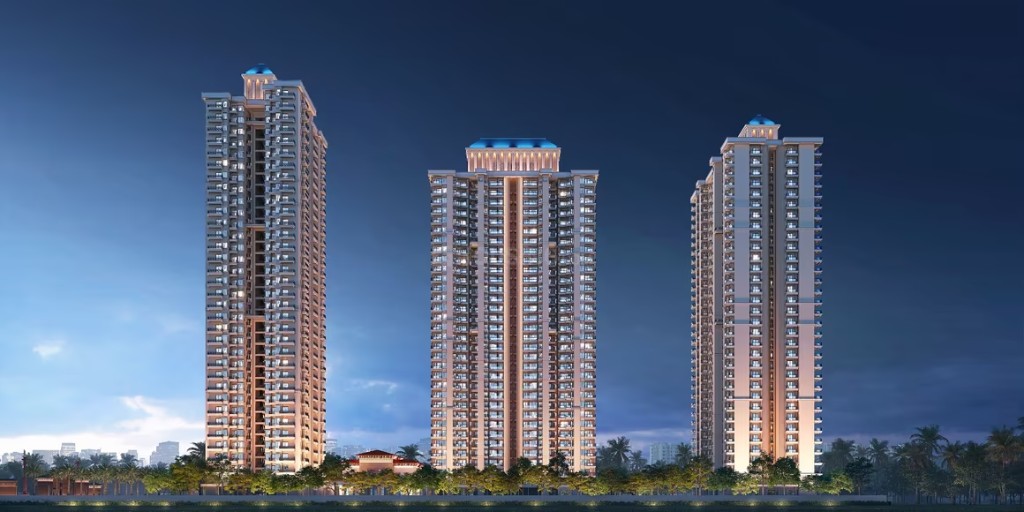 SKA Siddharth Vihar — artist's impression of three premium residential towers at twilight, NH-24 Ghaziabad